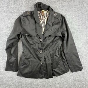 Boo Gemes Jacket Womens Medium Black Twill Button Front Lined Epaulet Casual
